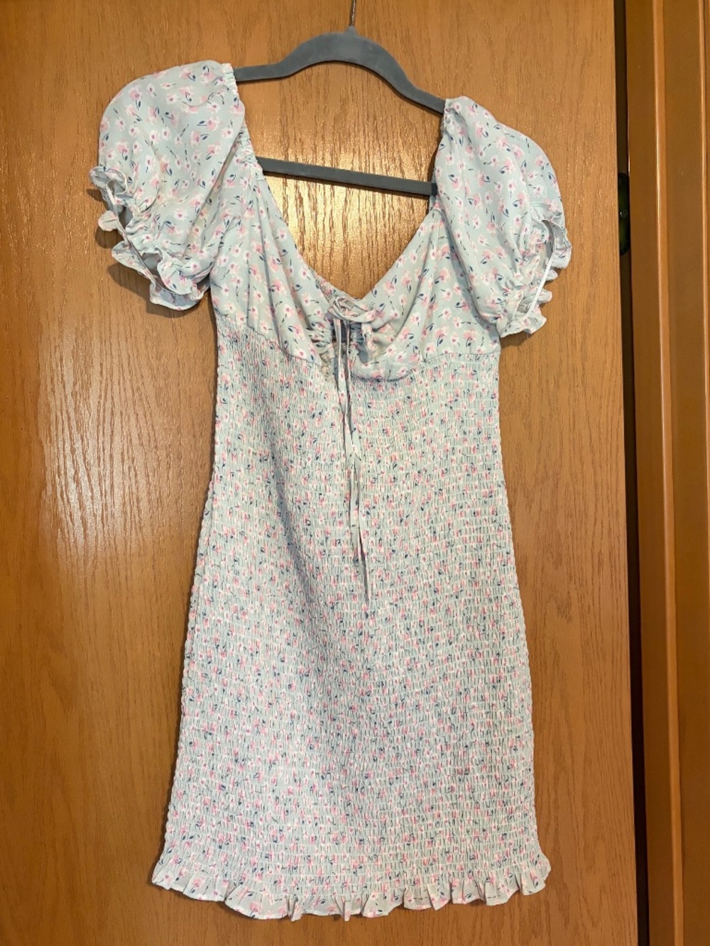 Blāshe Teal Pink Floral Cinched Mini Dress w Puff Sleeves & Front Tie Size S